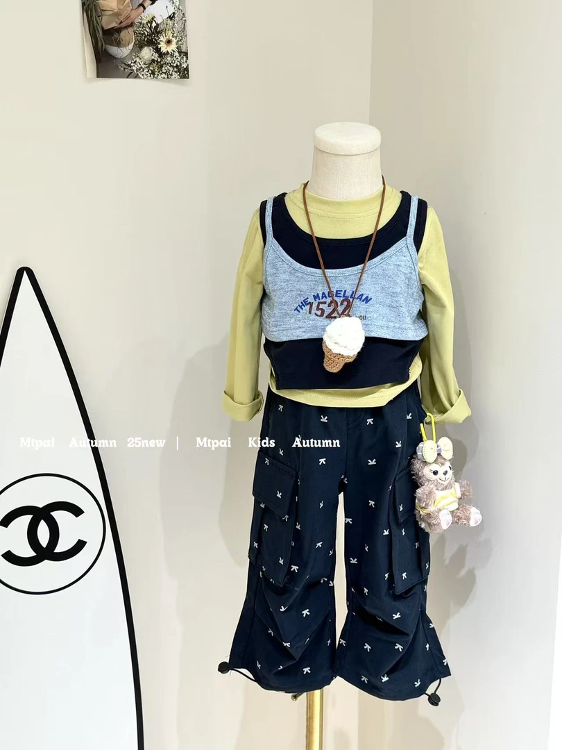 韩系女童撞色叠穿休闲上衣配蝴蝶结工装裤套装