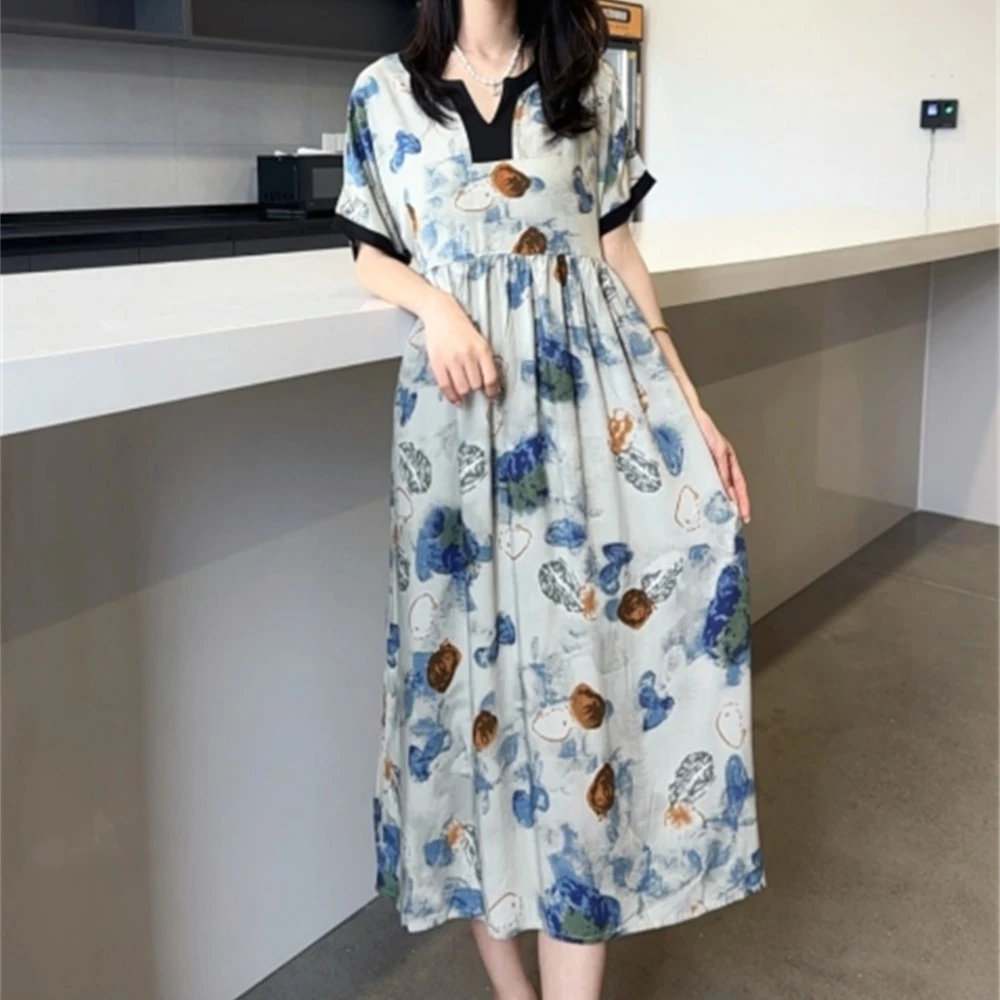 DF-2-[千金闺锦]夏新款时尚百搭提花绵绸短袖连衣裙DY-8835