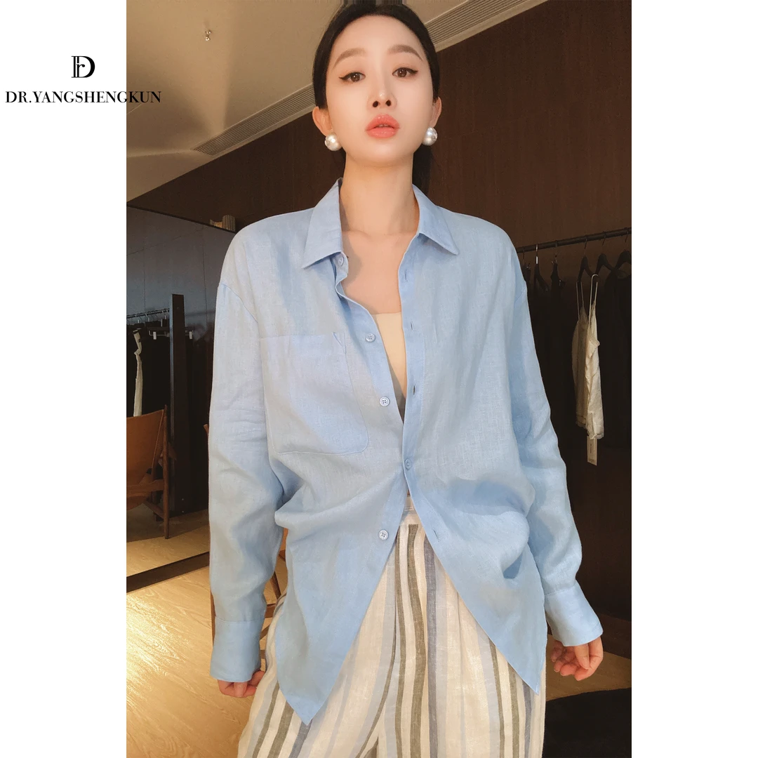 杨圣坤2025夏季新品女士百搭简约气质亚麻宽松长袖衬衫L2561109