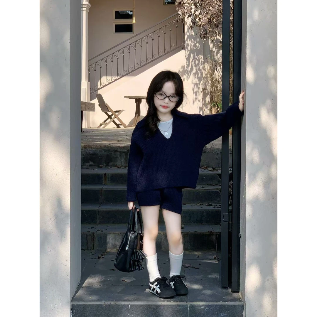 小粉象 ·女童2025秋季新款韩版V领毛线针织上衣洋气短裤套装