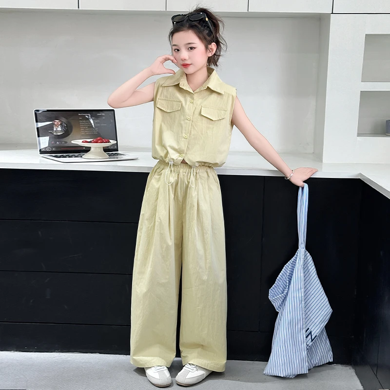 女童休闲套装夏季新款时尚收腰无袖儿童中2025年网红小女孩衣服