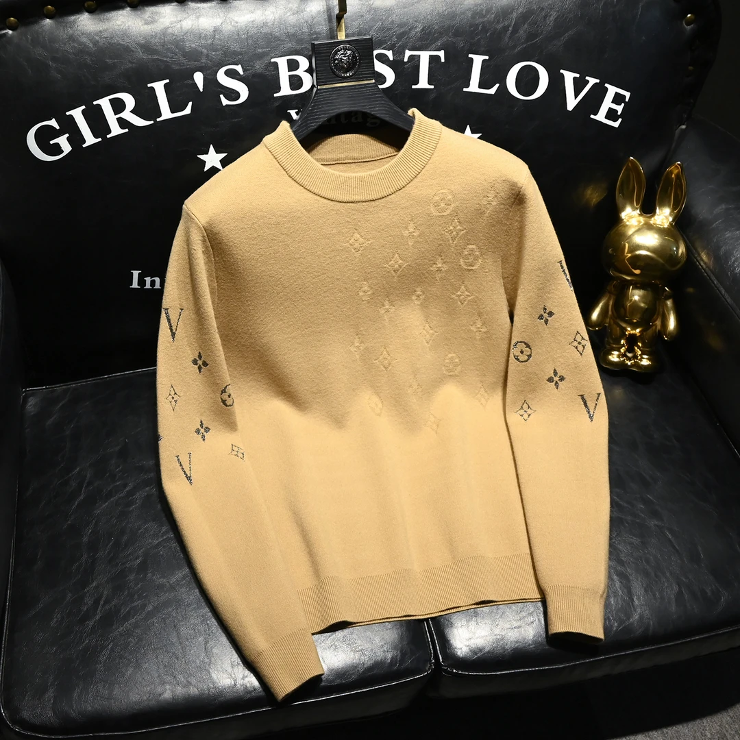 欧洲站轻奢高品质大牌圆领羊毛衫男2025秋冬新款修身提花针织衫男