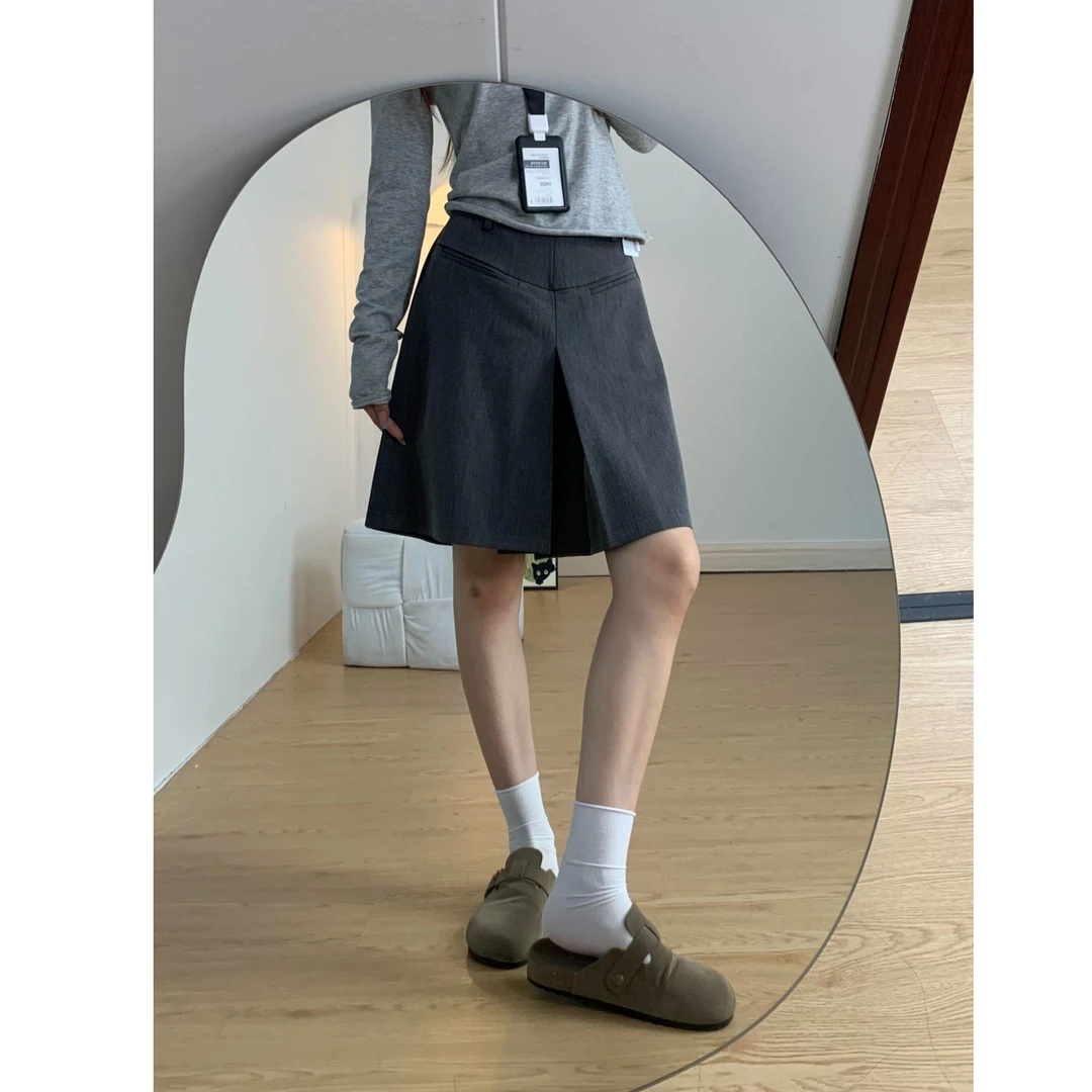 夏季新款灰色西装短裤高级感大码微胖mm遮肉显瘦A字五分阔腿裙裤