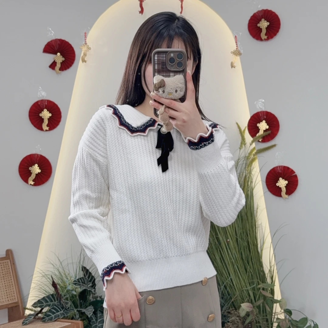 女长袖娃娃领毛针织衫上衣宽松秋冬翻领时尚日系套头甜美