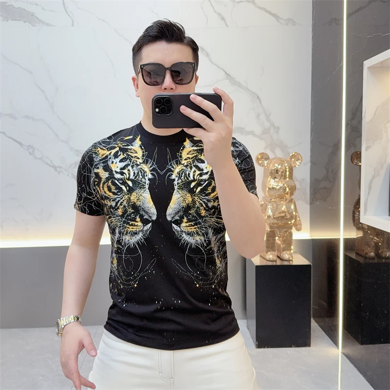 小众轻奢.野性风老虎烫钻设计时尚潮流帅男士圆领T恤2025夏季新款