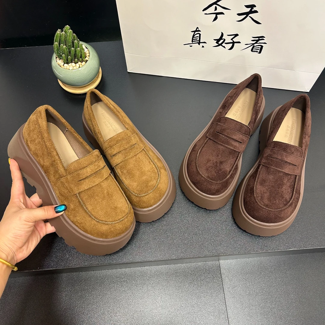 厚底绒面乐福鞋女2025年秋季新款小个子增高单鞋懒人一脚蹬勃肯鞋