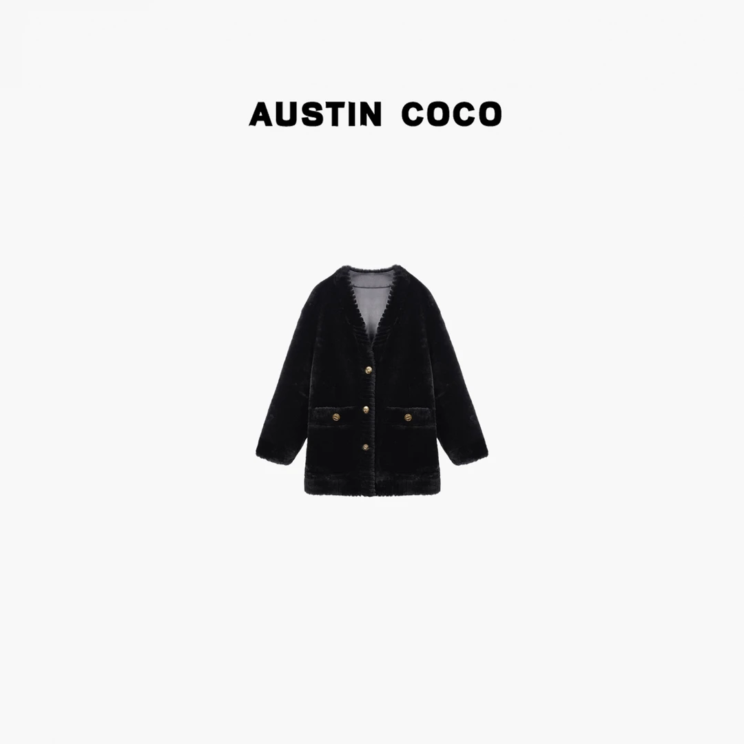 AUSTIN COCO设计款时尚气质V领绵羊毛皮一体外套22093