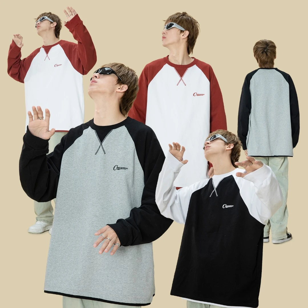 聪明陈 320克双纱纯棉潮牌撞色拼接长袖T恤宽松休闲上衣