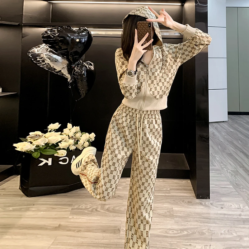 潮牌欧货高级感洋气时尚套装女秋冬老钱风连帽卫衣外套卫裤运动服