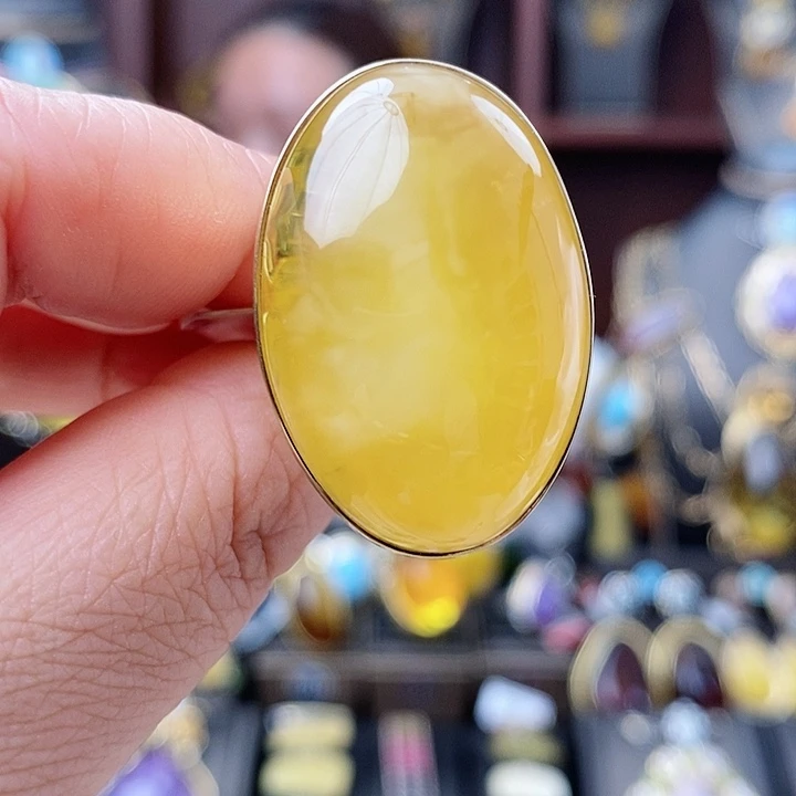 琥珀戒指银S925镶嵌戒指