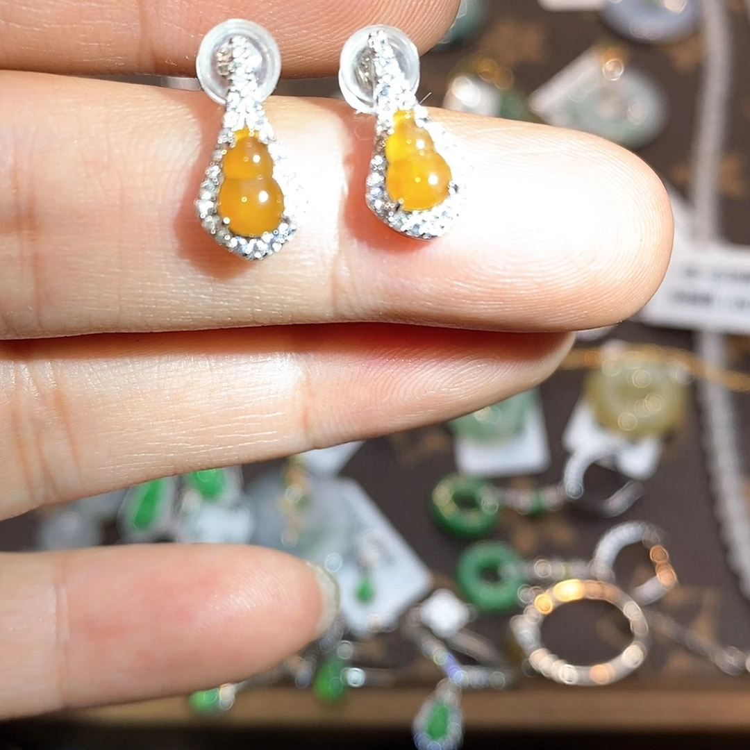 翡翠银S925镶嵌耳饰葫芦耳钉