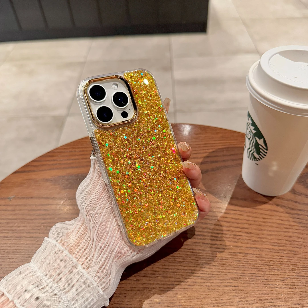 小众滴胶金色闪粉适用iphone16promax苹果13手机壳15软胶14全包16