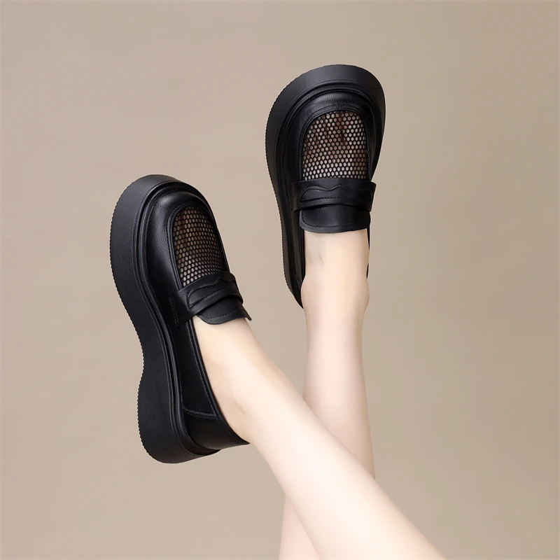 网面乐福鞋女款2025新款爆款春季小皮鞋英伦风单鞋真皮女鞋子镂空