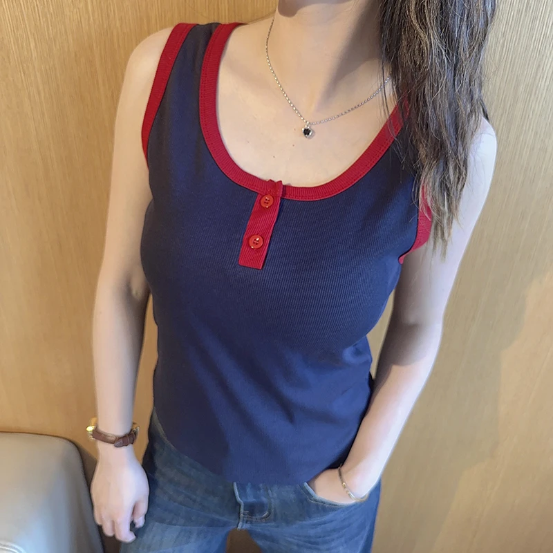 撞色U领蓝色吊带背心女2025新款高级感内搭打底外穿上衣修身显瘦