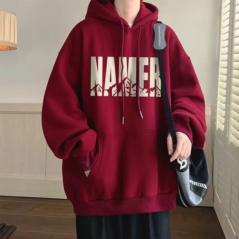 2025美式复古新款连帽卫衣宽松潮牌秋冬季休闲外套情侣红色上衣