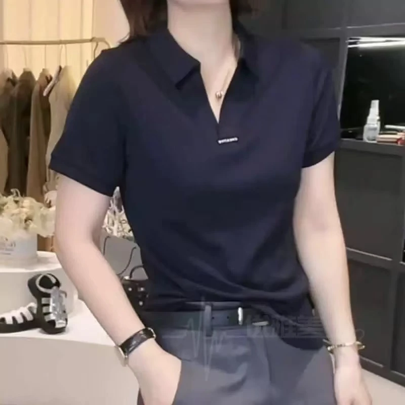 时尚休闲女装宽松翻领字母标遮肉套头休闲短袖上衣-63