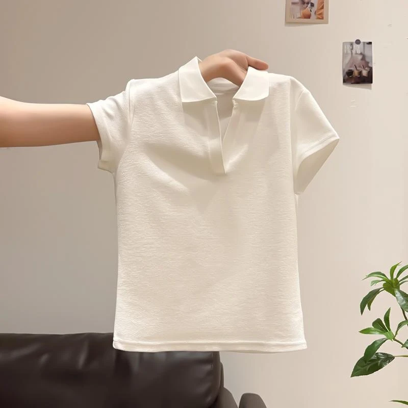 白色正肩POLO衫短袖t恤女小众夏季新款修身休闲显瘦翻领洋气上衣