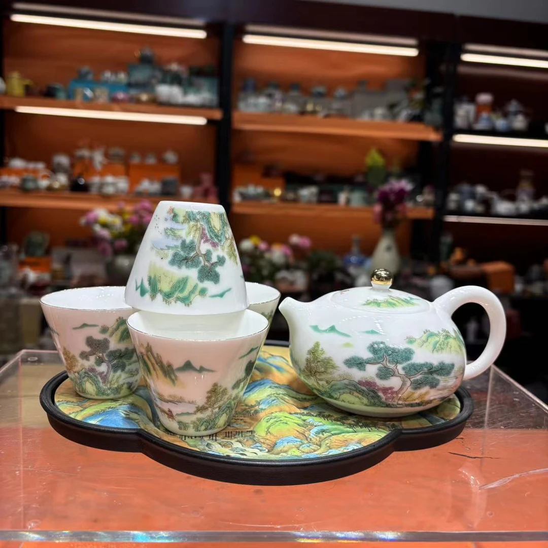 友名陶瓷 羊脂玉瓷世外桃源西施茶壶四杯小套装-3841