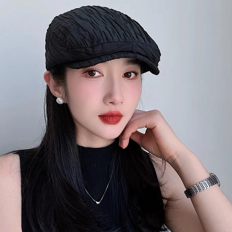 2025春夏季新款日系复古黑色褶皱前进帽女百搭显脸小贝雷帽报童帽