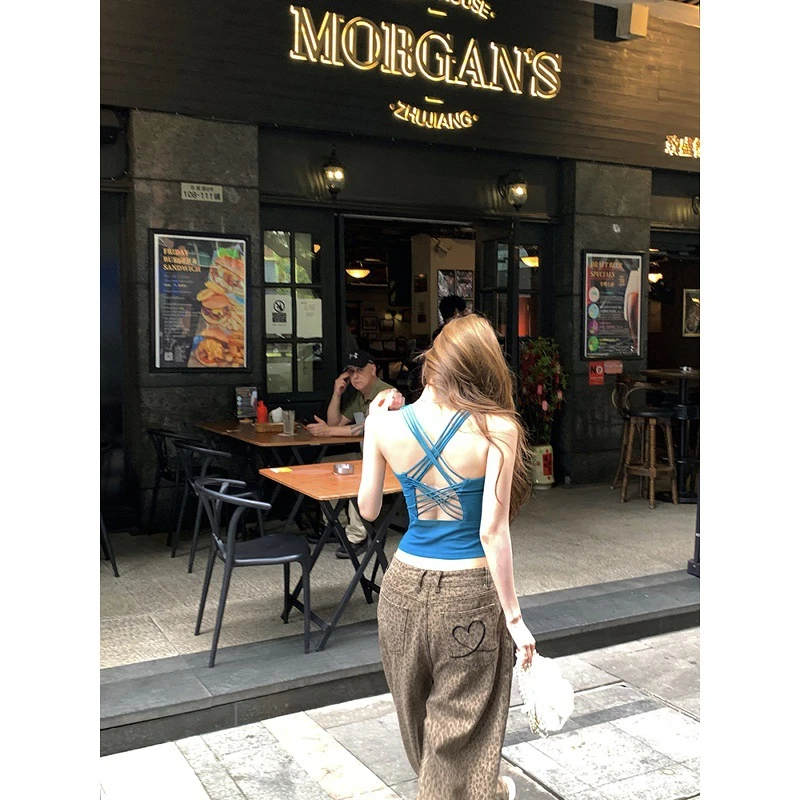 性感女夏季修身无袖蓝色针织短袖老钱纯女生韩系辣妹装ins衣服