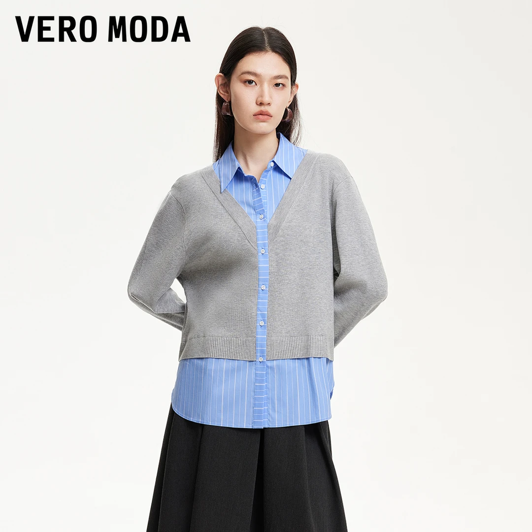 Vero Moda欧若风衬衫商场同款针织拼接条纹假两件宽松325105025
