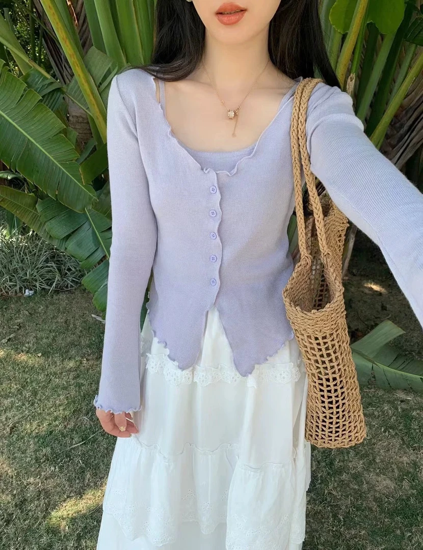 7003#花边吊带假两件春季新款甜美气质简约风针织衫