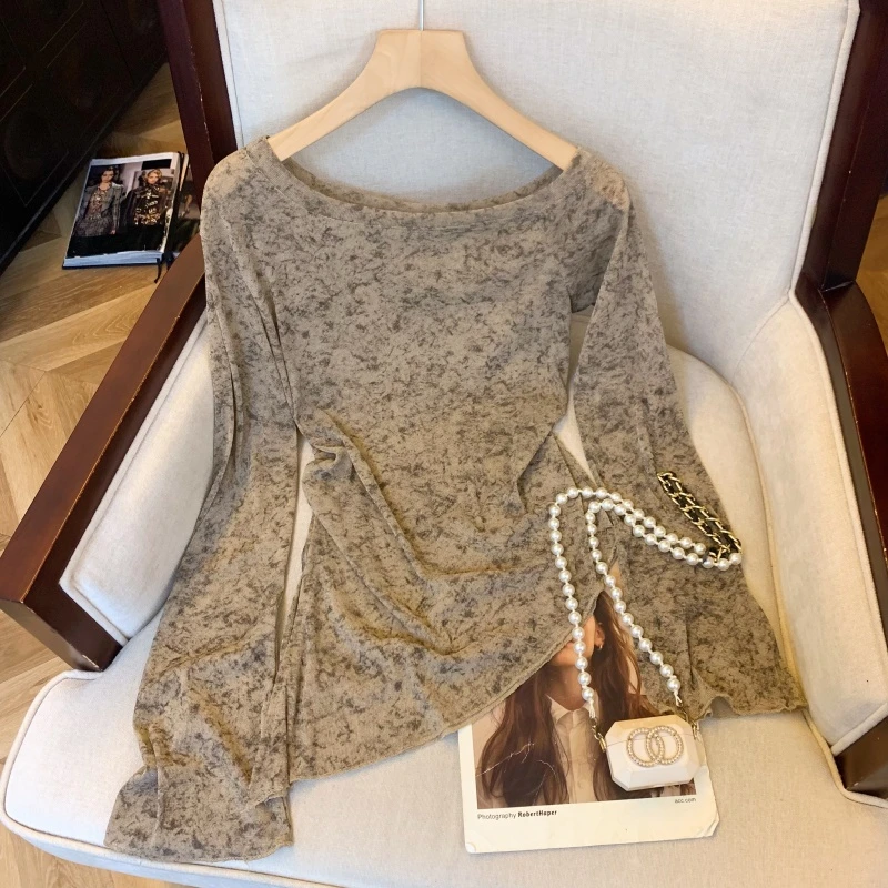 固质法式晕染碎花一字领斜肩长袖t恤女夏不规则木耳边上衣打底衫