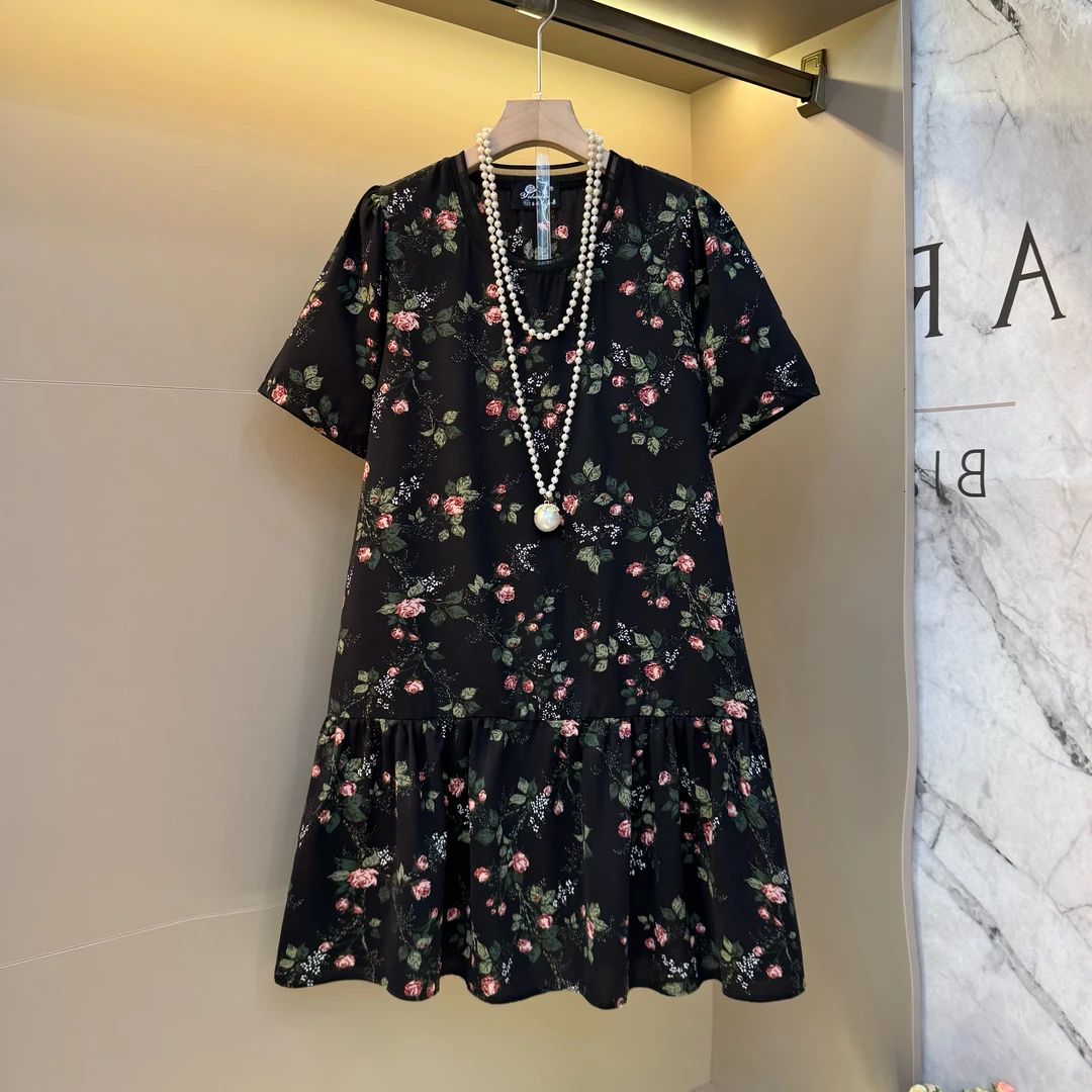 2025夏季新款圆领短袖宽松印花甜美减龄胖mm显瘦连衣裙85152