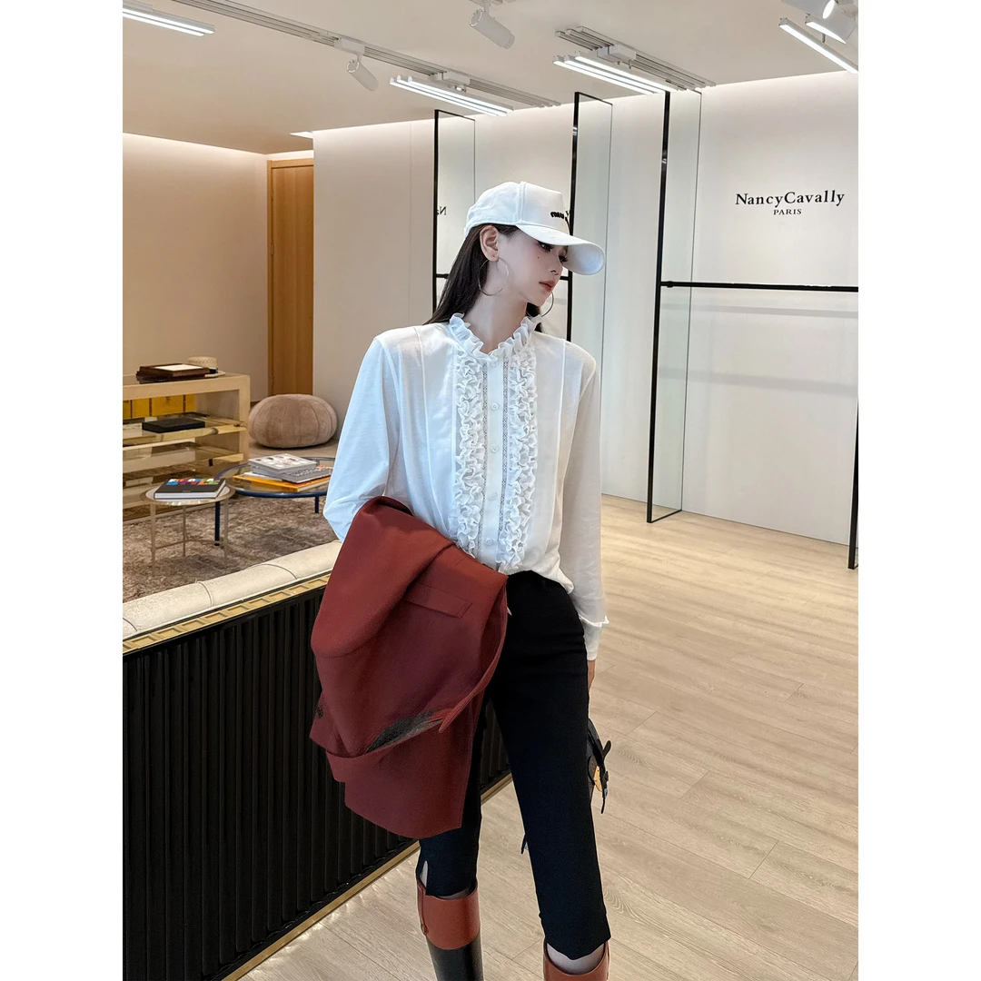 NancyCavally专柜款沙爽超细长绒棉 层次感木耳花边镂空针织衬衫