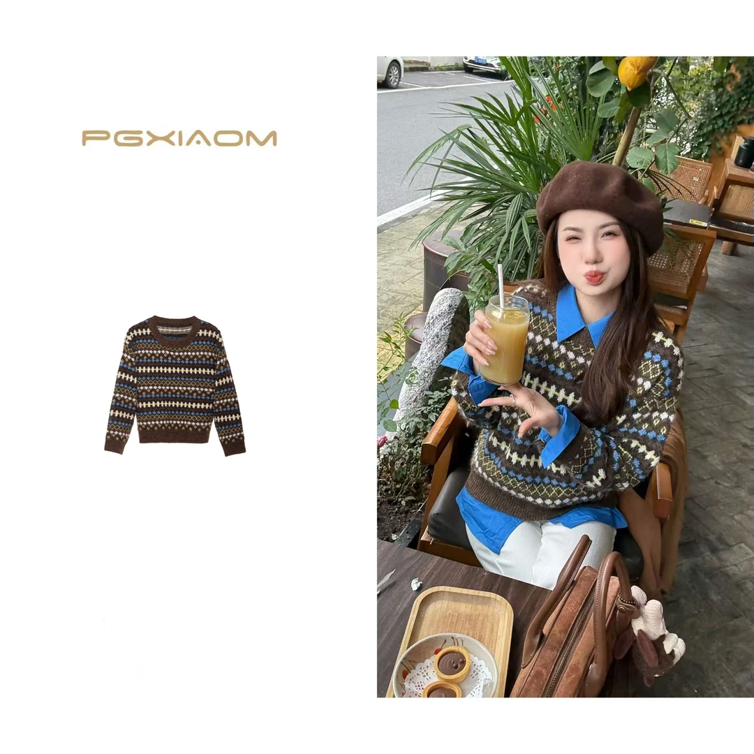 润秀定制咖色圆领慵懒风费尔岛毛衣MY10386