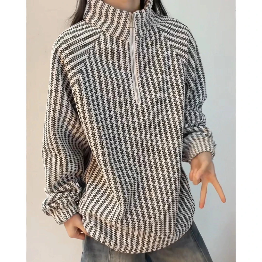 美式条纹立领卫衣男秋冬季情侣加绒加厚小香风高级感套头外套上衣