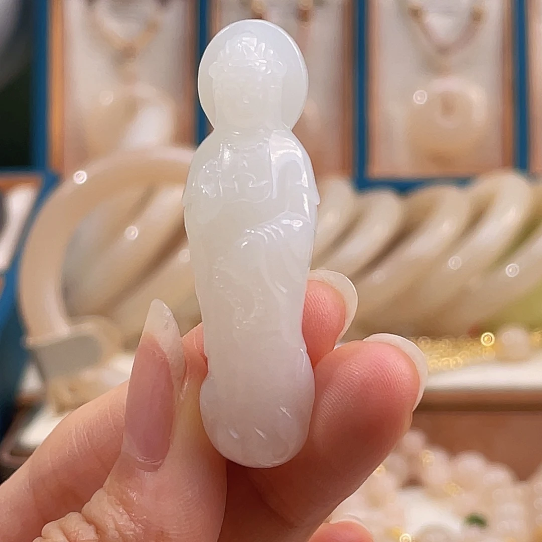 和田玉未镶嵌吊坠(不含链)白玉站立观音