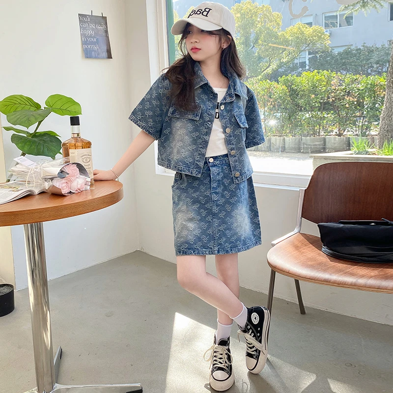 女童夏季薄款牛仔短裙套装2025新款中大童洋气短袖半身裙子套装潮