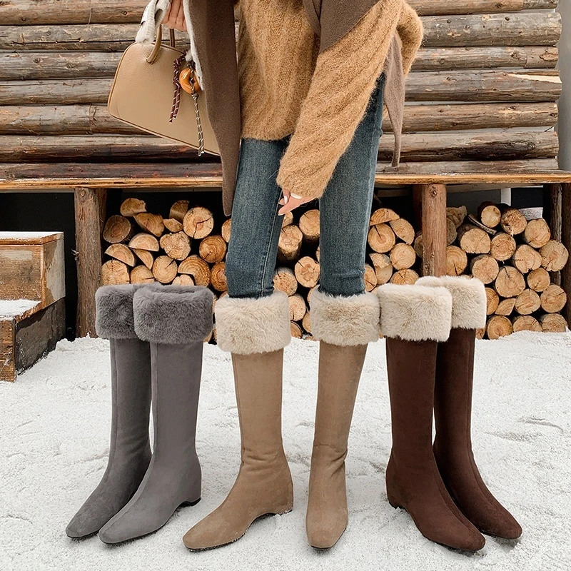 2025年冬季新款加绒保暖高筒毛毛棉靴子时尚内增高不过膝长筒靴女