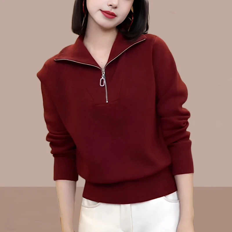 纯色半拉链针织衫毛衣女2025春秋新款简约时尚气质显瘦百搭上衣