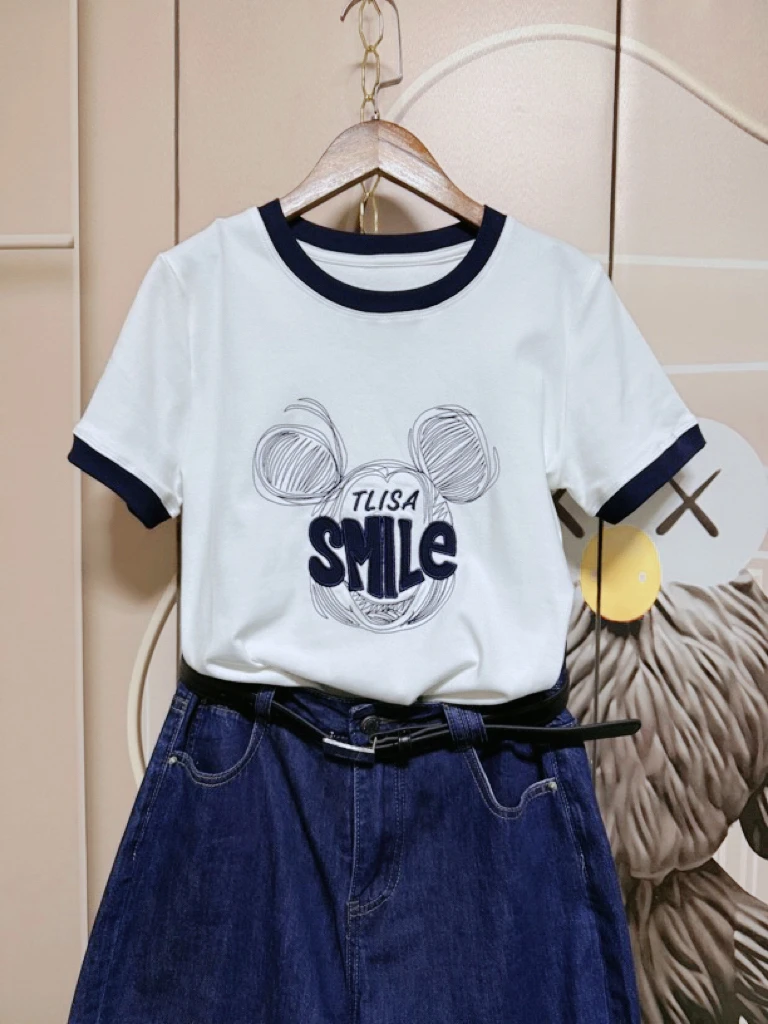 刺绣重工米奇头撞色边纯棉短袖