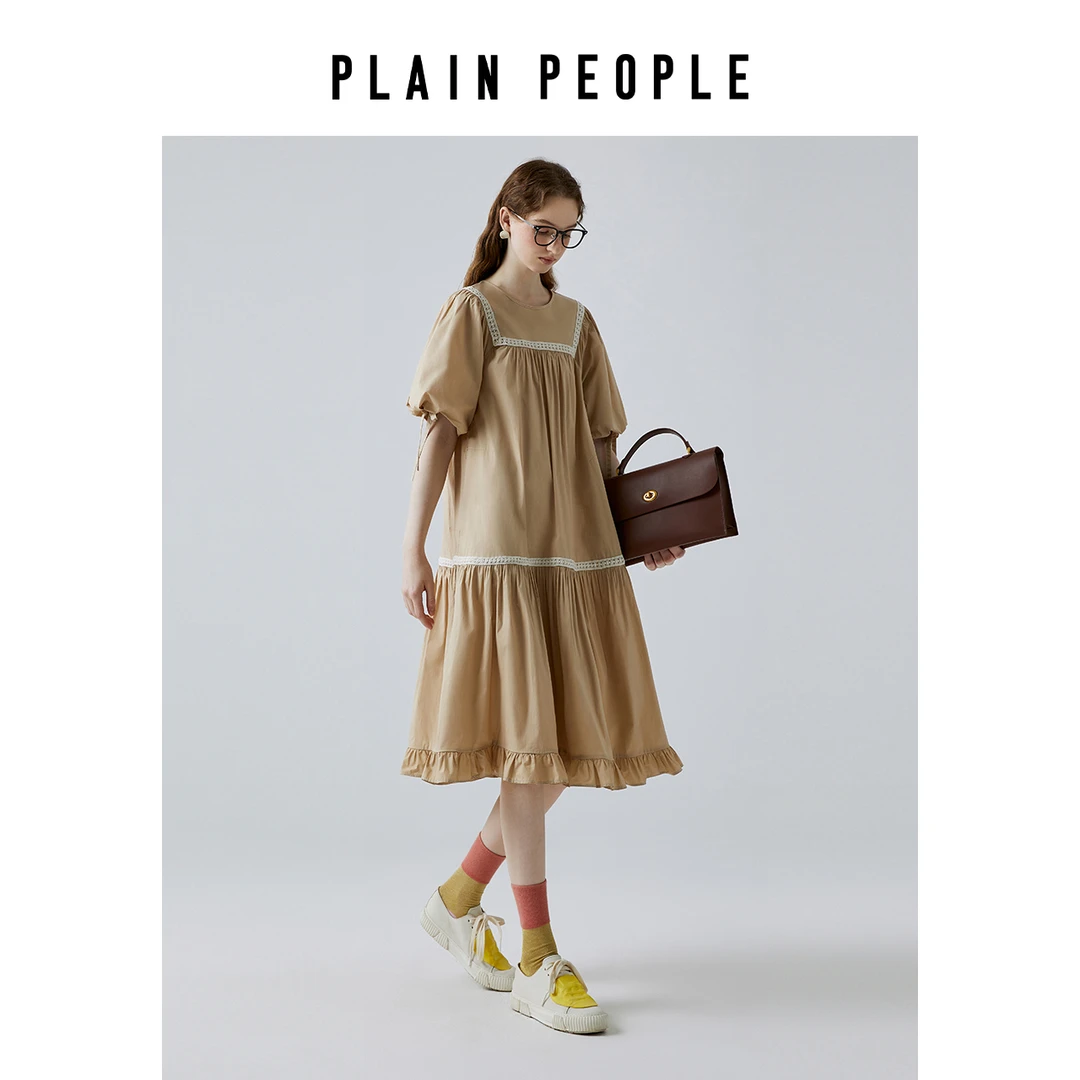 PLAIN PEOPLE【黑白蕾丝】法式宫廷风圆领短袖泡泡袖连衣裙女春季