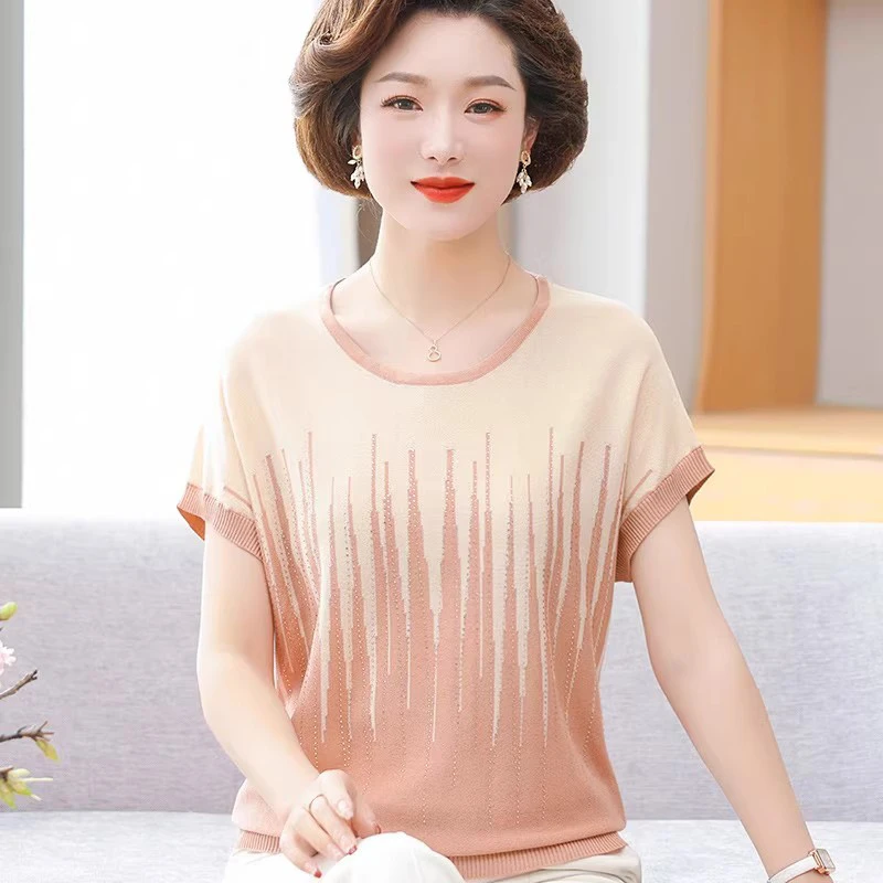 邑衫妈妈夏装洋气冰丝T恤套装中老年女装短袖条纹上衣母亲节衣服