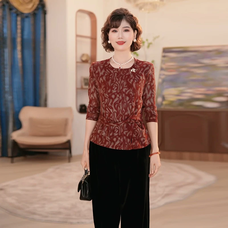 妈妈装圆领长袖t恤2025秋季新款中老年女装洋气时尚上衣两件套装