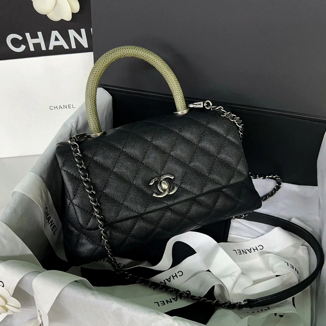 99新 Chanel/香奈儿 7258|香奈儿cocohandle 黑银牛蜥蜴手柄单肩