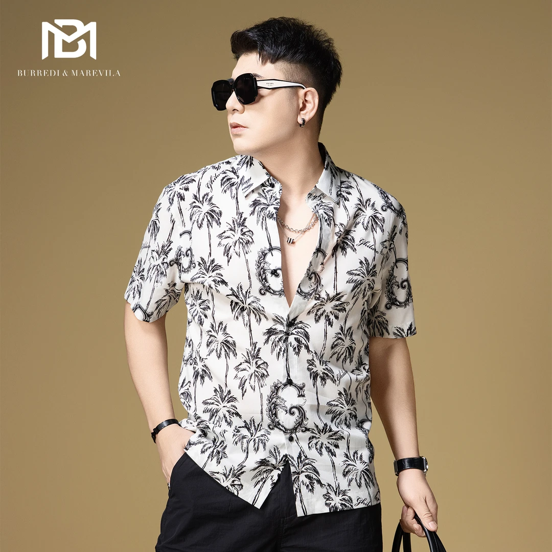 BM夏威夷衬衫男高级感痞帅潮流椰子树印花男士短袖衬衣2025新款夏