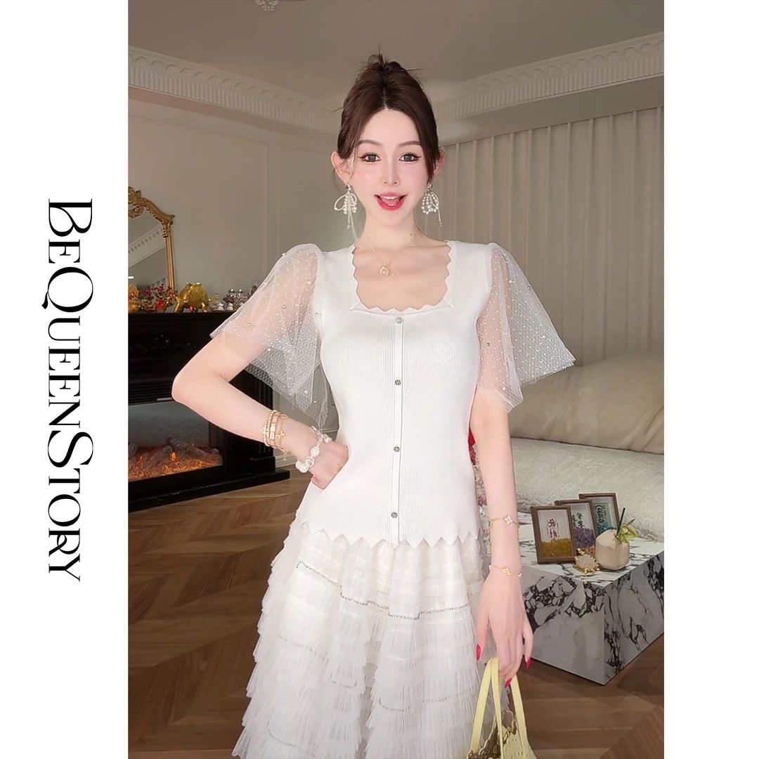 余潇潇【纯爱天使】重工时尚百搭网纱荷叶边方领泡泡袖上衣