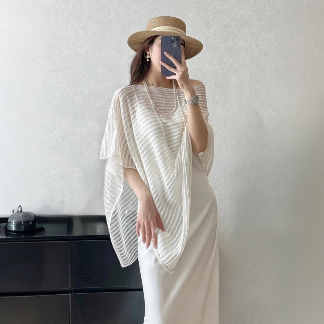 温柔慵懒风镂空披肩针织罩衫女夏季薄款气质显瘦微透视斗篷上衣