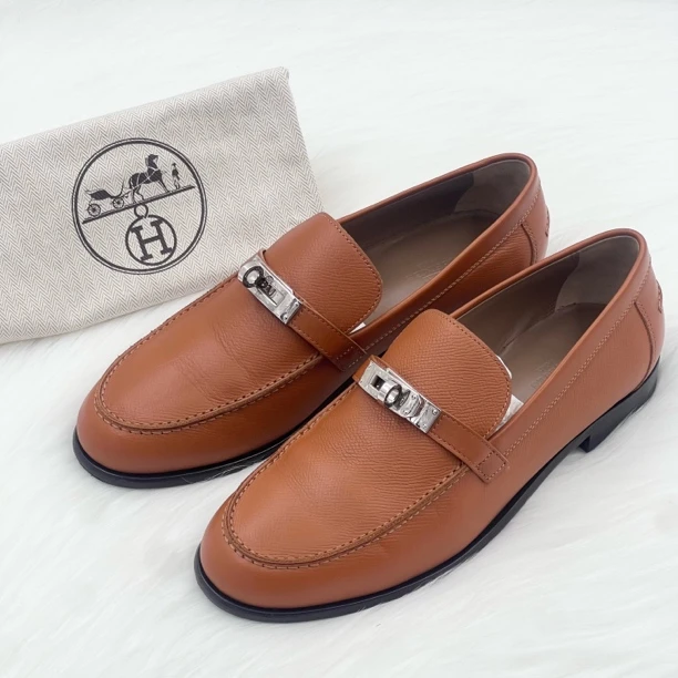 99新 Hermes/爱马仕 银Kelly棕色乐福鞋 38.5码 公价1.35w j9043