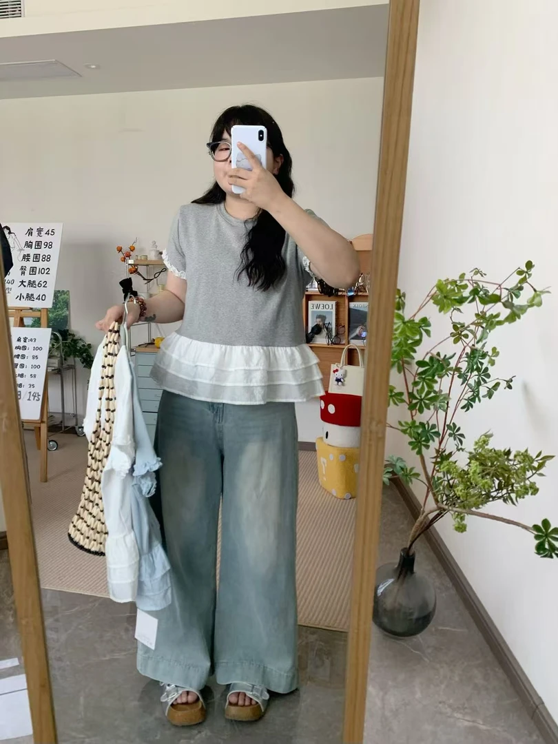 【鱼白专属】【运补6-10】韩系圆领拼接花边甜美减龄百搭显瘦短袖上衣