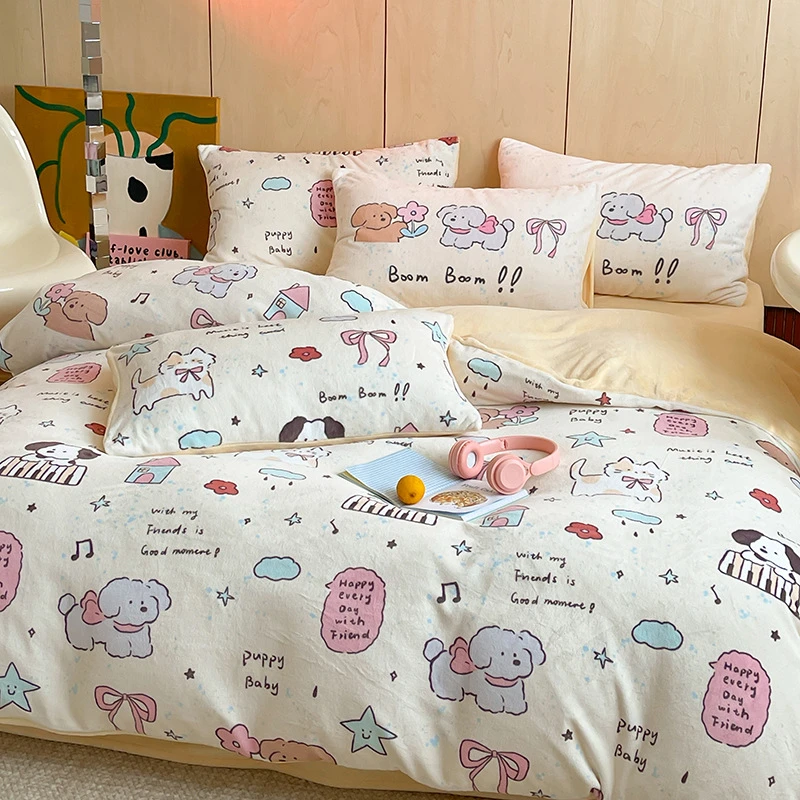 MX 8648 新款牛奶绒印花混搭系列四件套 卡哇伊狗狗