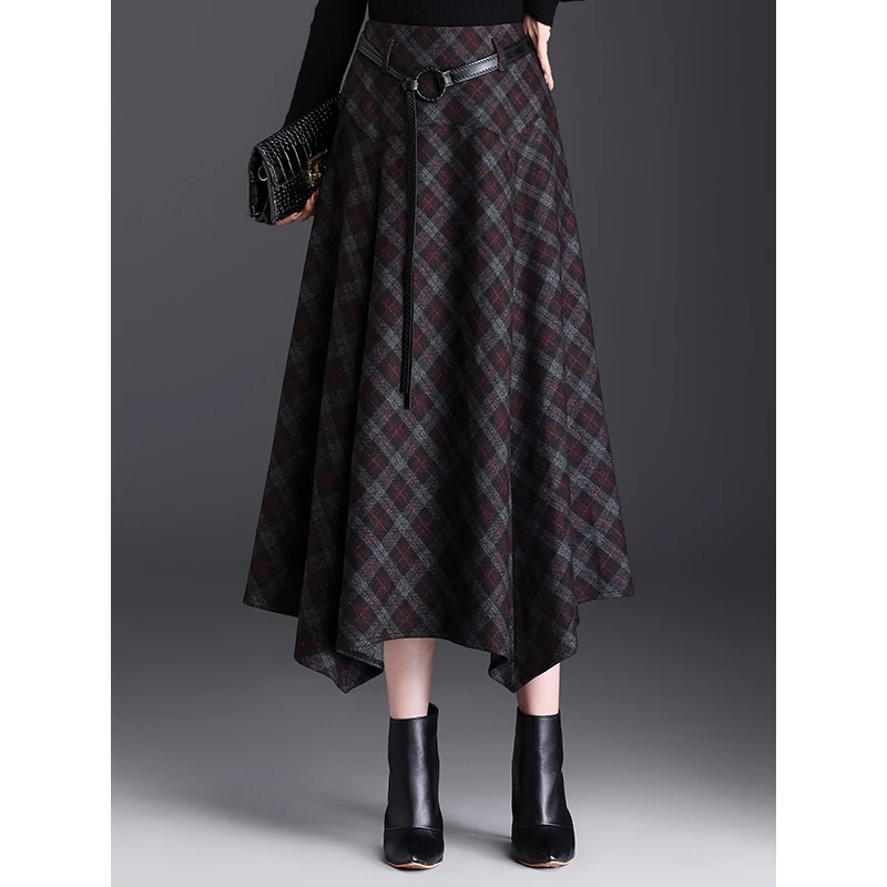 不规则格子毛呢半身裙女秋冬新款设计感裙子遮胯显瘦a字半裙长裙