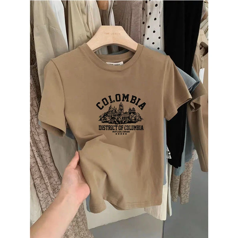 小众设计感正肩磨毛短袖t恤女高档百搭咖色上衣打底衫内搭秋冬季