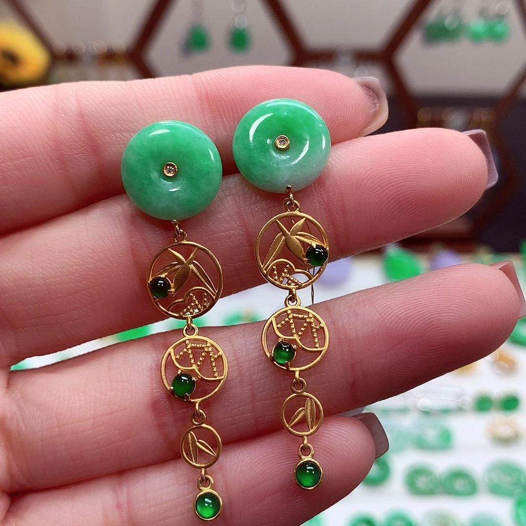 翡翠耳饰18K金镶嵌天然翡翠