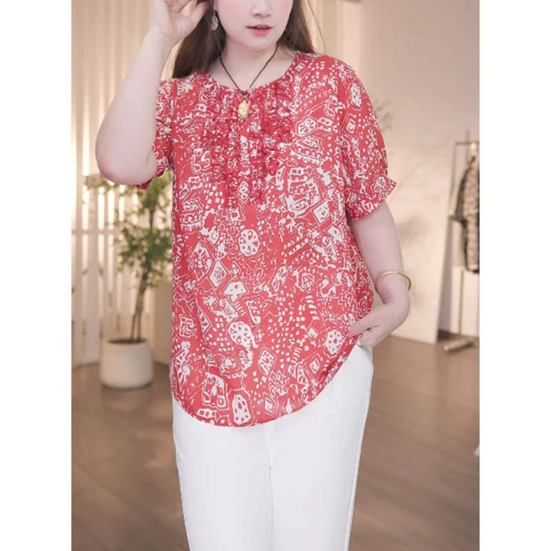 大码女装静奢风小衫复古短袖法式衬衫装碎花印花气质女装
